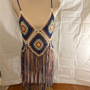 Fashion Nova Blue and Cream Sleeveless Cropped Camisole with Cut Out Features